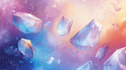 Floating crystals amidst colorful cosmic dust and glowing starlight