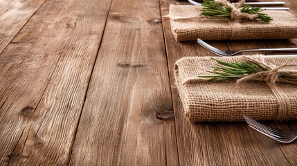 Obraz premium Rustic table setting with linen napkins and cutlery