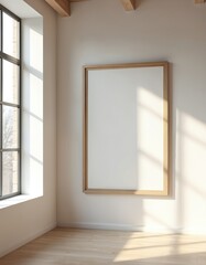 Modern loft art museum interior with blank frame on white wall. Oak mockup frame for picture presentation. Minimalistic scandinavian home design, light spacious room decor.