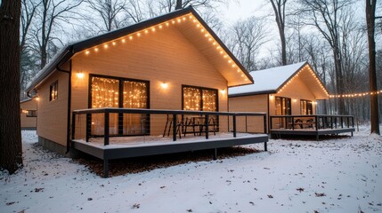 Winter cabins, snowy forest, illuminated, cozy getaway