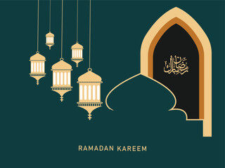 Ramadan. Card. Crescent with stars and lanterns. Eastern ornament. illustration