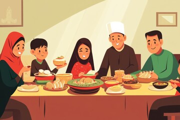 Family gathering around a table filled with diverse dishes, enjoying a joyful meal together