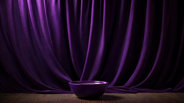 Purple fabric drapes elegantly behind a bowl on a wooden surface in a calm setting