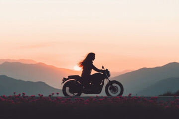 A woman is riding a motorcycle on a road with mountains in the background