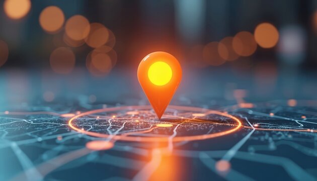 Illustration of digital city map with glowing location pin. AI tech in GPS navigation, innovation in delivery, transport logistics. Geolocation illustration concept for future business travel.