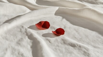 Fototapeta premium Delicate Red Rose Petals on Soft White Fabric Background