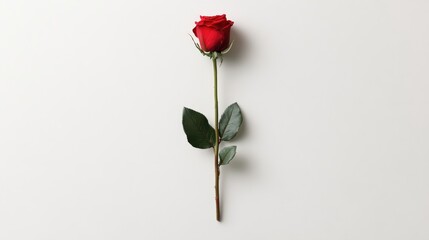 Obraz premium Elegant Red Rose with Green Leaves on White Background