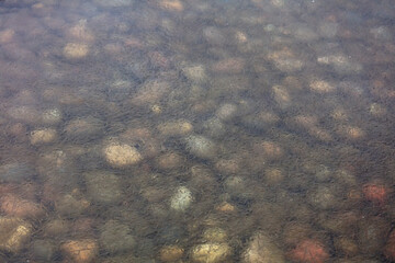 Pebbles on the lakebed seen through a thin layer of ice