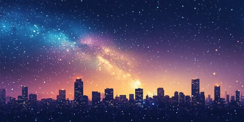 Obraz premium City skyline silhouetted against a stunning colorful starry night
