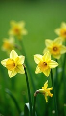Fototapeta premium Pale yellow daffodils in a field of green grass, field, daffodil