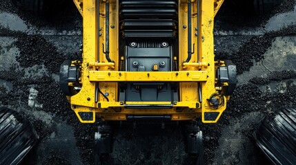 Aerial view of a yellow industrial vehicle on a gravel surface, showcasing machinery details