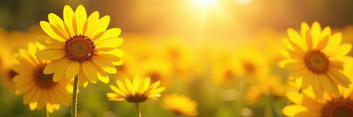 Obraz premium Sun-kissed daisies dance with yellow and orange hues, fields, sunflowers, bees