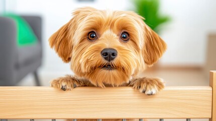 Cute Small Dog Looking Over Wood Barrier in Bright Room Setting