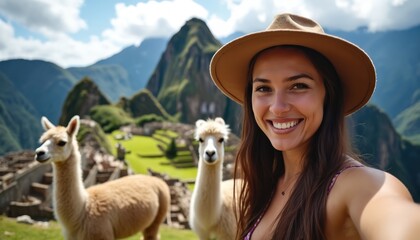 Smiling woman takes selfie with llamas at Machu Picchu. Young traveler with hat on mountain journey, explores Inca ruins, enjoys Peruvian landscape. Adventure tour. Sunny weather.