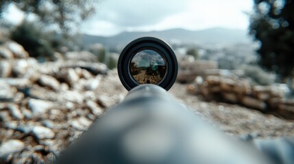 Sniper scope view; rocky hillside; distant village; military action
