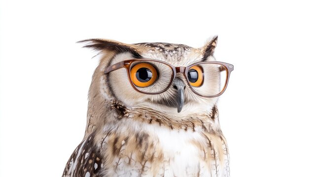 Owl with Glasses Looking Intelligent Against a White Background