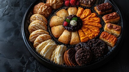 Assorted pastries and desserts arranged beautifully on a black platter, showcasing vibrant colors and textures