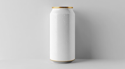 Blank White Aluminum Can with Gold Rim on Light Background