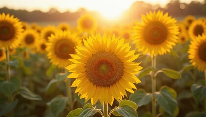 Fototapeta premium Bright sun illuminates sunflowers field. Summer nature with yellow petals, green leaves. Natural blossom in sun light. Agriculture farming plant growth. Scenic countryside landscape at sunset.