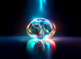 A luminous globe with continent outlines rests on a reflective surface.  A bright blue beam illuminates it from above, casting colorful reflections in a dark space.