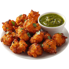 Fried pakoras with green chutney, crispy Iftar snacks, isolated on transparent background, png