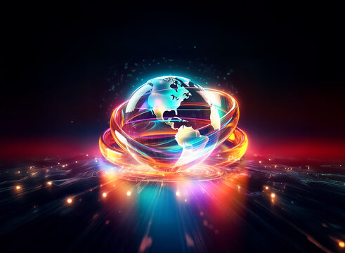 A luminous globe is at the center, embraced by vibrant, swirling ribbons against a dark background. Streaks of light rise from below, adding a sense of futuristic energy.