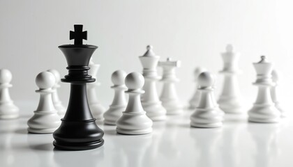 Black chess king stands ahead of white pawns on white background. Strategy competition leadership concept. One black figure against many white. Power and success in business and life.