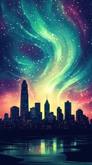 Obraz premium City skyline silhouette is under a colorful cosmic aurora