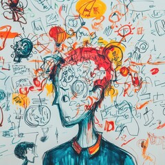 Illustrated mind of a person overwhelmed with abstract thoughts