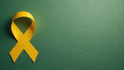 Top view of yellow awareness ribbon on green background. Symbol of support for troops military, suicide prevention, help for childhood cancer survivor, international health campaign day. Supportive