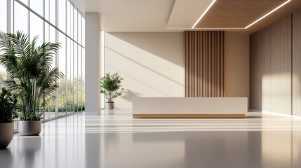 Fototapeta premium Modern Bank Lobby Interior Design, Plant, Reception Area, Sunlight