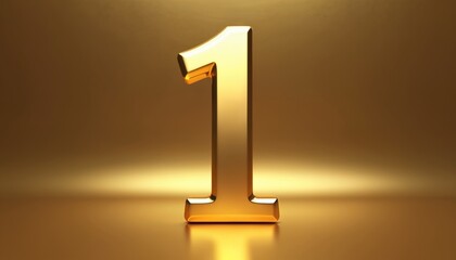 Golden number one on gradient background with copy space. Shiny 3D rendering symbol. Metallic digit for greeting card, first place banner or lucky fortune celebration.