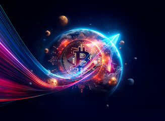 Obraz premium A digital currency concept shows a Bitcoin symbol globe center, with abstract colorful lines flowing around, and celestial planets floating on a dark backdrop.