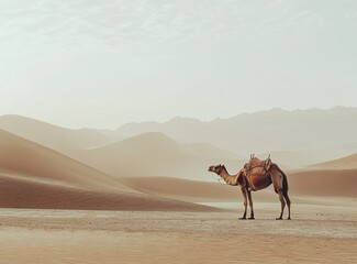 Desert camel, sunrise, sand dunes, mountains. Travel photography