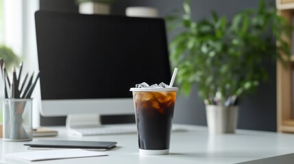 Refreshing Iced Coffee on Modern Desk: Aromatic Break