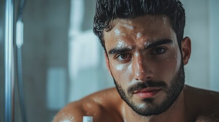 Intense man close up, with wet hair, beard in shower