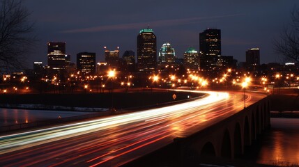 Fototapeta premium Night Cityscape: Stunning Long Exposure of City Lights and Traffic Trails on a Bridge