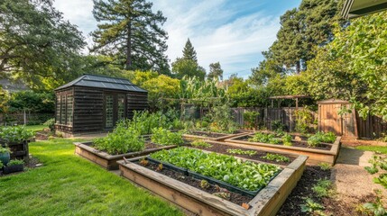 A backyard filled with raised beds overflowing with leafy vegetables and herbs, with a garden shed nearby.
