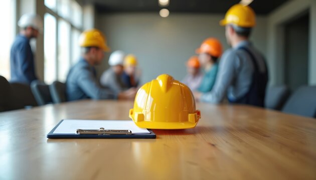 Yellow hard hat lies on wooden desk in office. Blurred background shows group wear construction safety helmets indoor. Building project team meet for planning work.