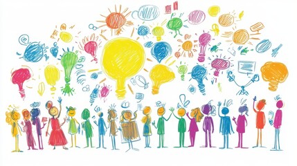 Fototapeta premium Colorful cartoon people with light bulbs represent bright ideas
