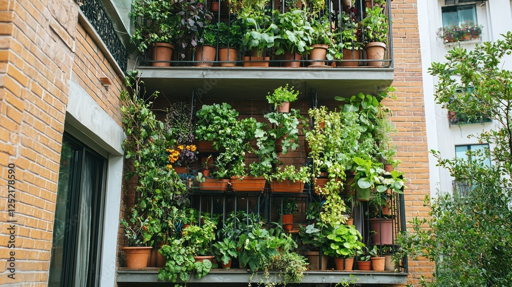 Aufkleber a balcony vertical garden with neatly arranged pots and climbing vegetables on trellises.