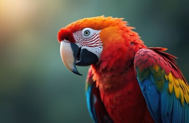Fototapeta premium Vibrant scarlet macaw parrot close-up. Colorful exotic bird features vivid red plumage with yellow, blue wing feathers against hazy jungle backdrop. Detailed feathers, beak, eye in focus. Wild animal
