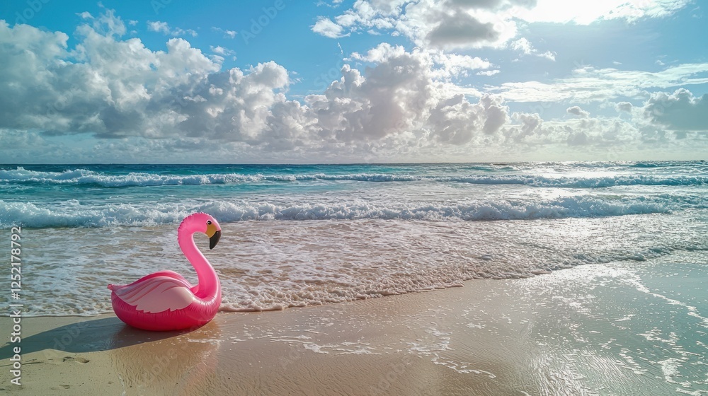 Poster a beach scene featuring an inflatable flamingo in the sand, with waves in the background.