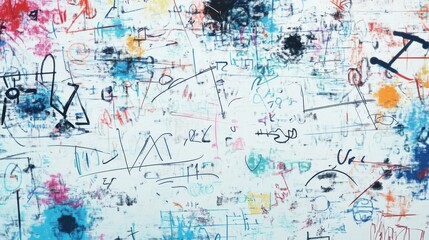 Abstract expressionist composition featuring ink blots and scribbled markings