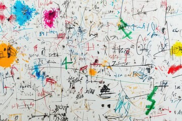 Graffiti covered white wall with colorful paint splatters and writings