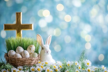 Easter bunny, cross, eggs, flowers, spring