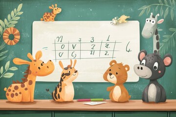 Cartoon animals are learning mathematics in a classroom setting