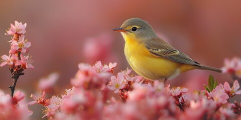 Warbler in a tiny vest, flitting through spring blossoms, cheerful, melodic, colorful