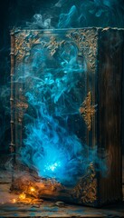 Ancient Book with Glowing Blue Smoke and Fire, Fantasy and Magic Concept. Spell Book.