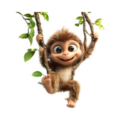 Fluffy 3D Cartoon Monkey Swinging from Tree Branches Isolated on Transparent Background